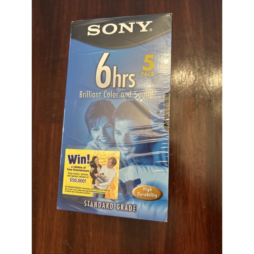 Sony T-120 VHS 5 Pack Standard Grade 6 Hour Blank Tapes High Durability Sealed‎